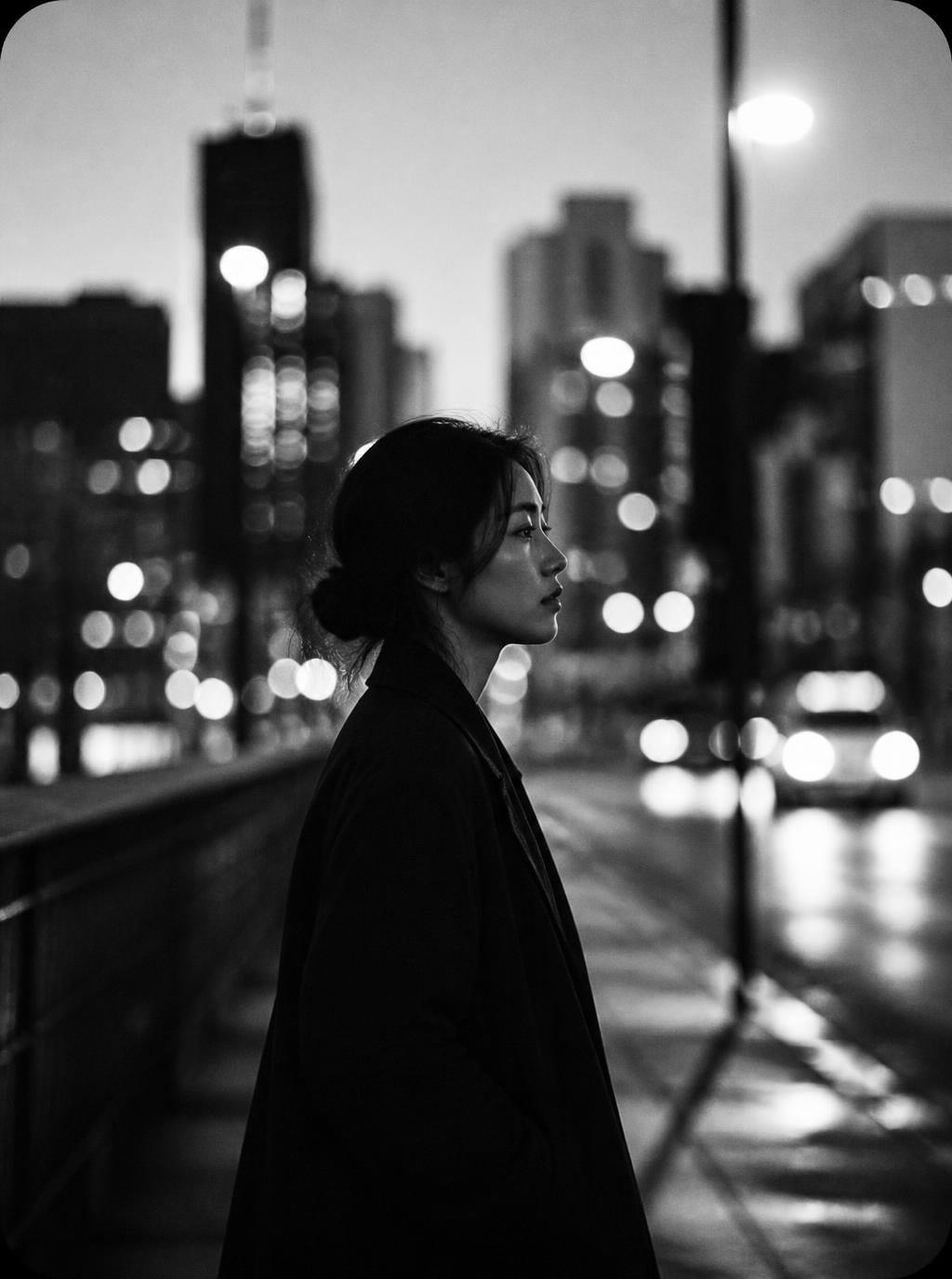 도시 길을 걸으며 인생의 의미를 되새기는 모습
