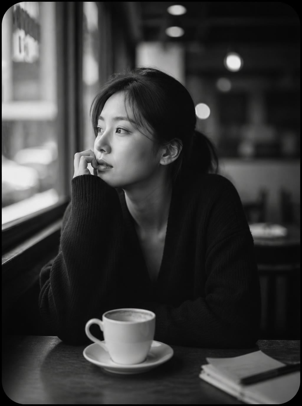 혼자 카페에 앉아 깊은 생각에 잠긴 모습
